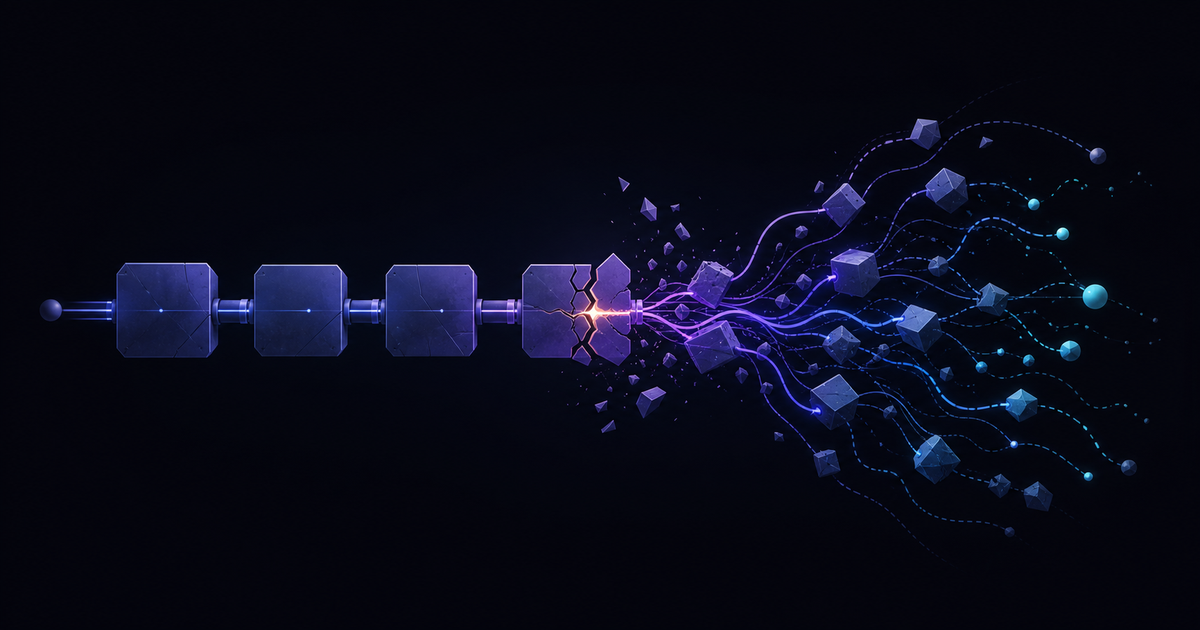 A fractured node sending distortions through a structured workflow pipeline