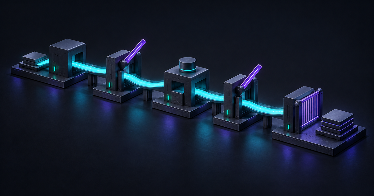 A cyan pipeline connects five workstations, passing raised violet checkpoints before reaching a closed final gate