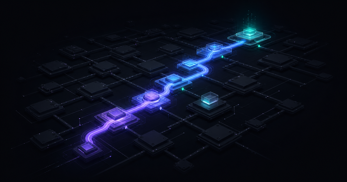 A modular control grid activated by a glowing user-authored workflow path
