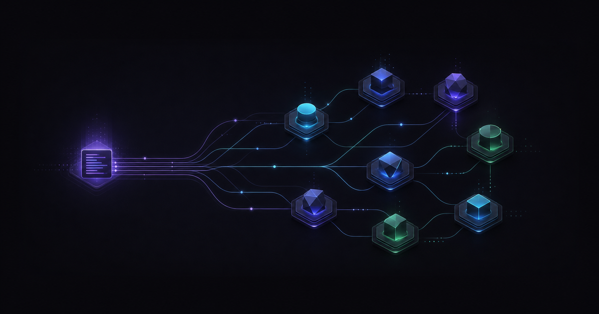 A single code module expanding into a coordinated constellation of execution nodes