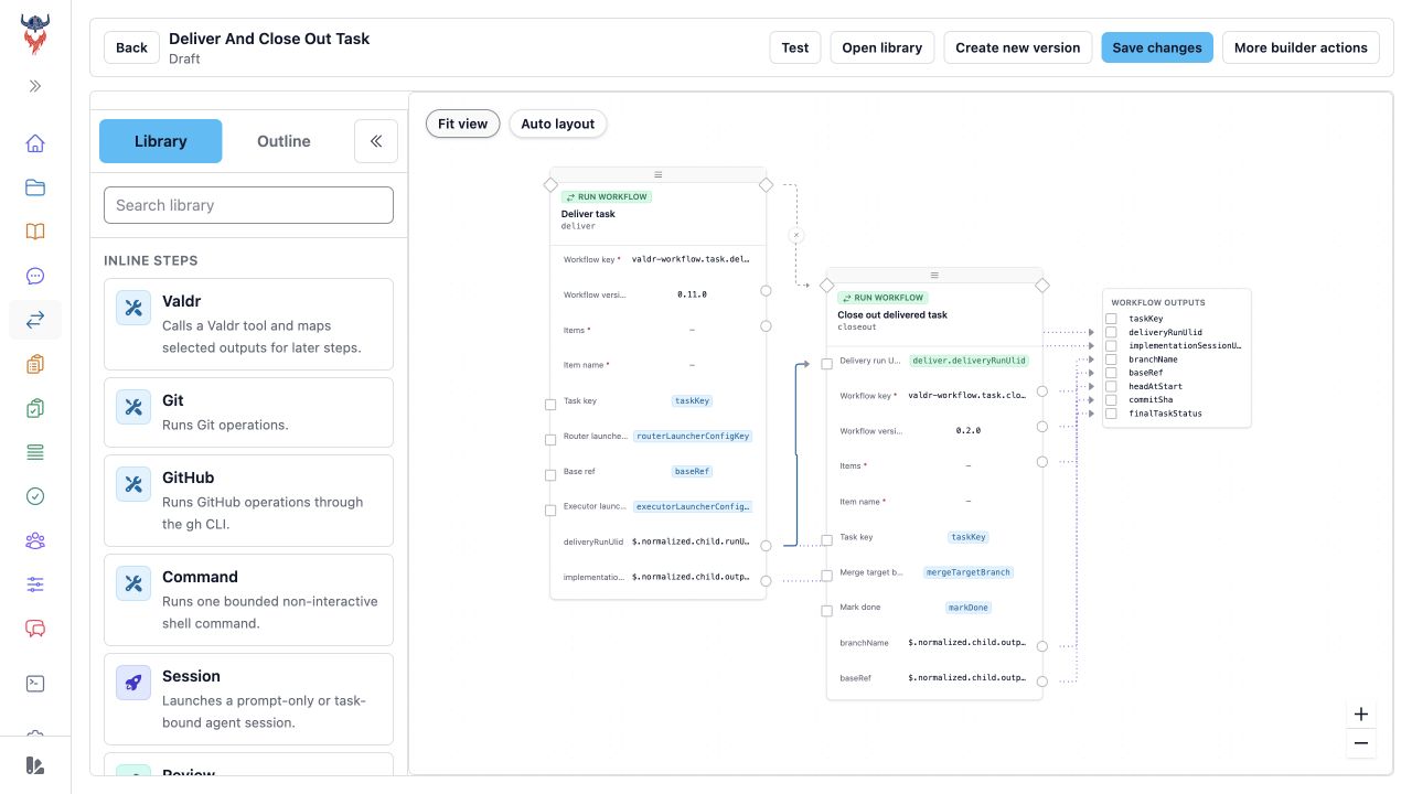 Valdr Workflow Builder connecting task delivery and closeout with reusable steps and workflow outputs.